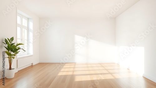 A minimalist living room featuring wooden floors and white walls bathed in natural light.