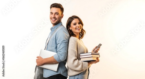 A young man and woman, back-to-back, smiling confidently. He carries a laptop, she holds books and a phone. They represent students or young professionals. White background.