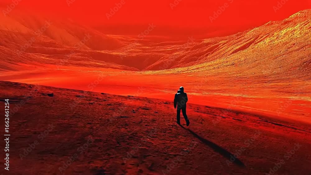 A lone figure walks through a surreal red landscape, with mountains and a glowing horizon in the background A lone figure walks through a surreal red landscape, with mountains and a glowing horizon in the background