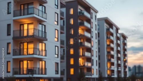 Modern residential buildings at dusk, their clean lines highlighted by warm interior lights.