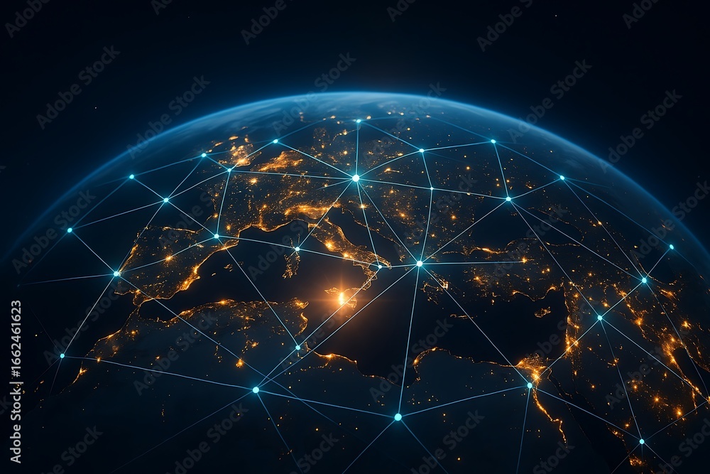 Fototapeta premium Earth at night with glowing network connections across continents and oceans globe
