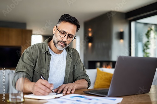 Wallpaper Mural A focused man in casual attire writes notes while sitting at a modern desk, with a laptop open and a cozy living space visible in the background, ideal for work-from-home themes Torontodigital.ca