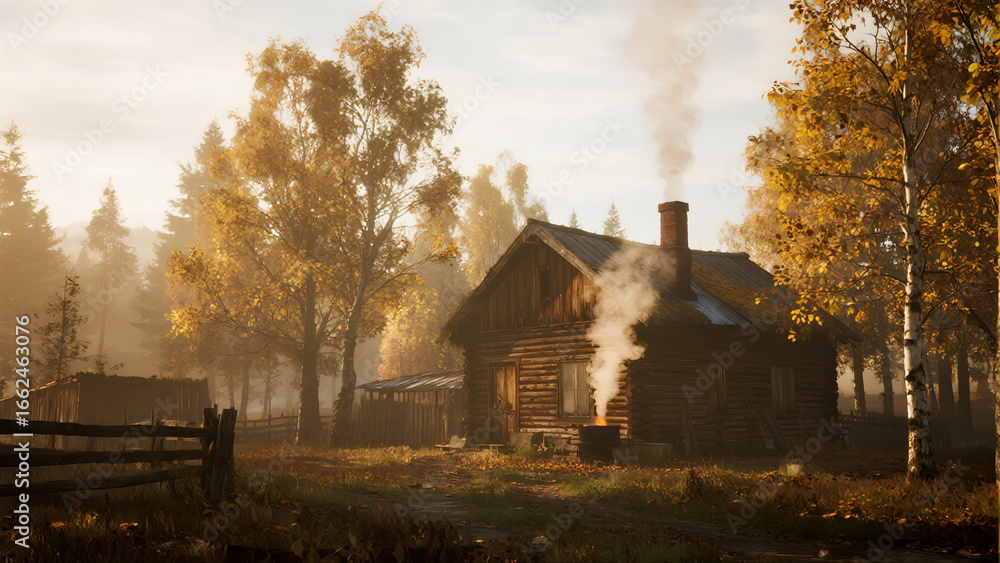 Obraz premium Atmospheric Autumn Cabin Scene with Rustic Charm and Warm Golden Light
