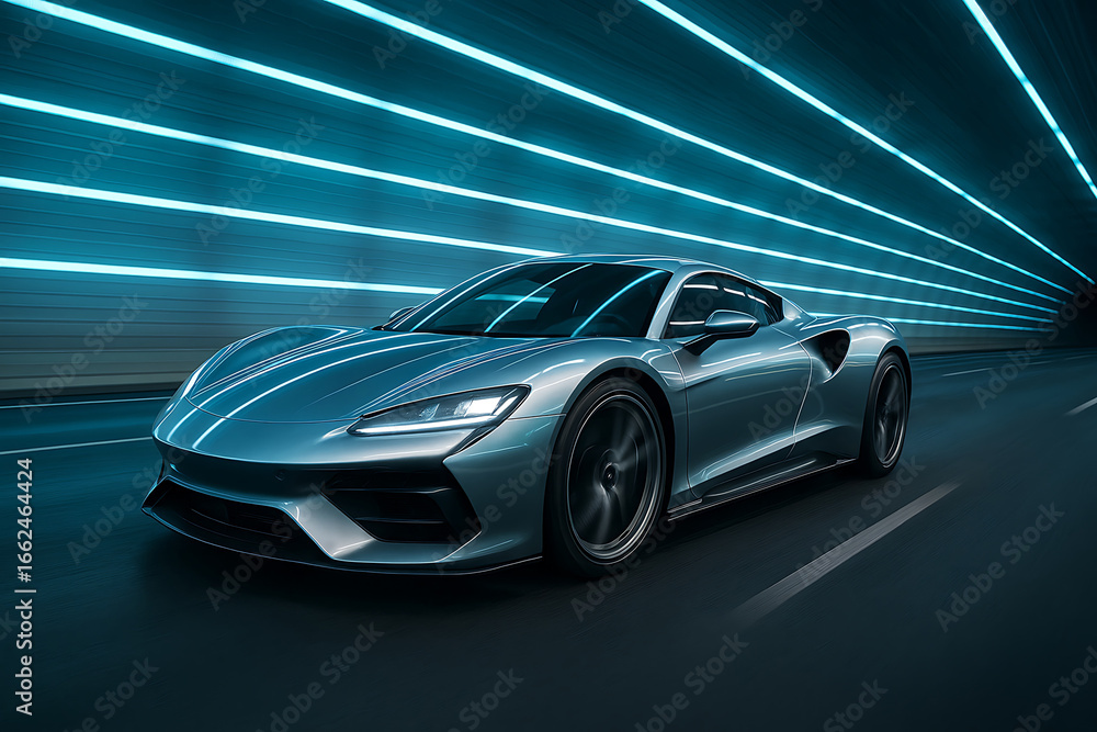 Naklejka premium 光とスピードが融合する銀色ハイパーカーの広告的瞬間描写