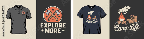 Illustrated Apparel Featuring Camping and Adventure Designs Polo Shirt, Explore More, and Camp Life TShirts