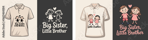 Illustrated Big Sister, Little Brother on Polo Shirts and Black Background Signs Set