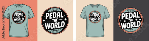 Illustrated TShirt Designs Pedal The World in Four Different Color Schemes and Backgrounds