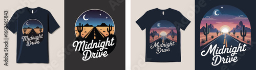 Midnight Drive Themed TShirt Designs Featuring Desert Road Scenery with Moon and Stars