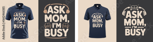 Navy Polo Shirts Displaying Ask Mom, I'm Busy Designs with Headphones and Couch Motifs