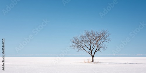 Minimalist winter landscape featuring a single bare tree with thin black branches in a vast white snowfield, 80% pale blue sky, off-center composition, high contrast, clean scene