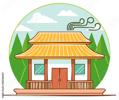 Stylized Asian Pavilion Amidst Evergreen Trees with Wind Illustration