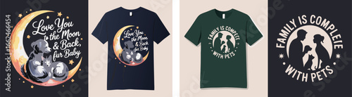 Pet Lover TShirt Designs Featuring Dog, Cat, and Family Silhouettes on Navy, Forest Green