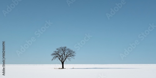 Minimalist winter landscape featuring a single bare tree with thin black branches in a vast white snowfield, 80% pale blue sky, off-center composition, high contrast, clean scene