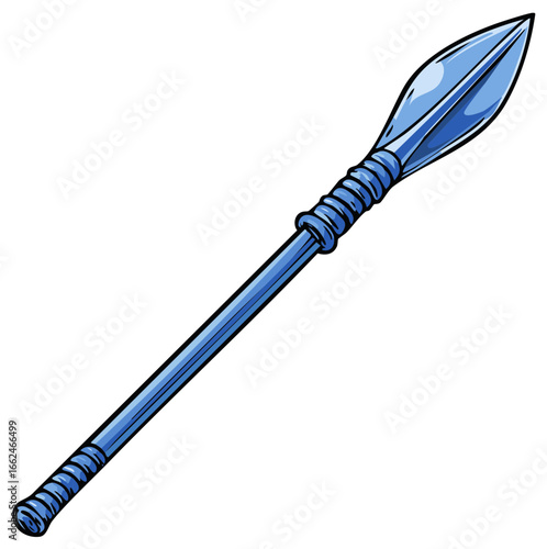 Blue cartoon spear weapon with a sharp metallic point illustration for fantasy or ancient combat