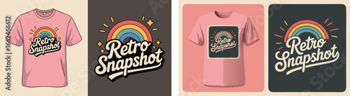 Pink Tshirts with Retro Graphics, Black Background Designs with Rainbow and Starbursts, Four Panel Illustration