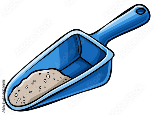 A vibrant blue plastic scoop holds a textured pile of light brown granular material, suggesting utility for various tasks.