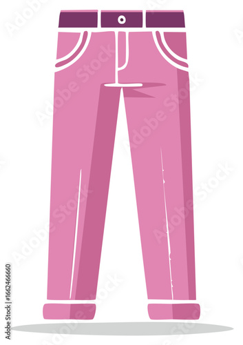 Flat design illustration of pink denim jeans with a purple waistband and belt loop