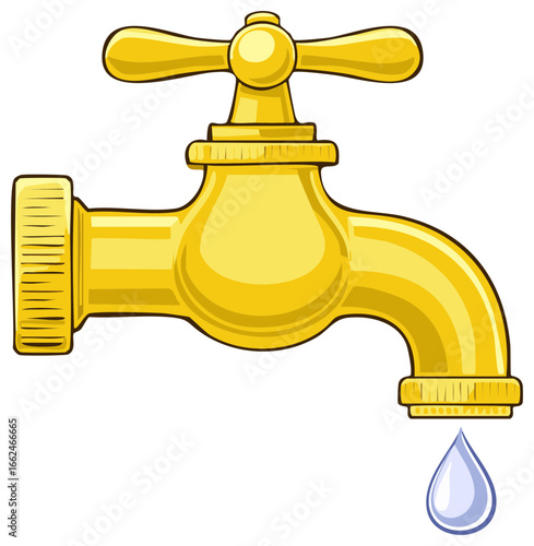 Vibrant golden cartoon faucet showing a single water drop falling from the spout