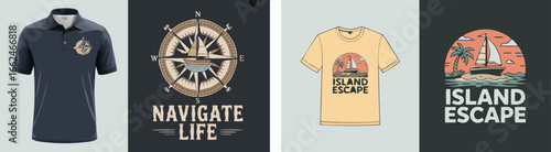 Polo Shirt, TShirt Apparel Featuring Nautical and Island Escape Designs for Clothing Mockups