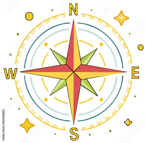 Bright colorful compass rose icon for travel adventure and finding the right direction