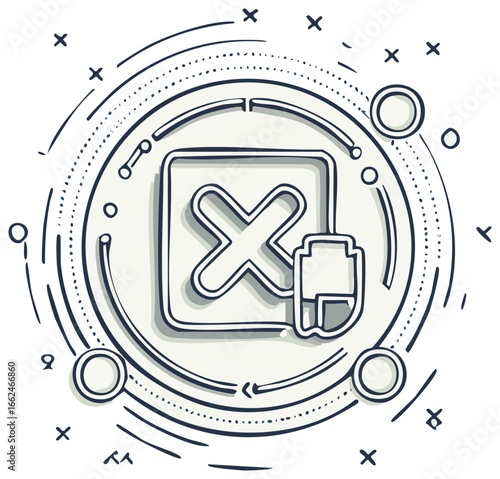 Abstract rejected mark icon with document and decorative elements in a hand drawn style.