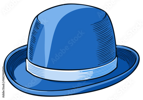 Vector Illustration of a Blue Bowler Hat with a Ribbon, Classic and Stylish Fashion Accessory