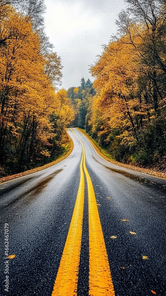 Fototapeta premium Winding road through a vibrant autumn forest