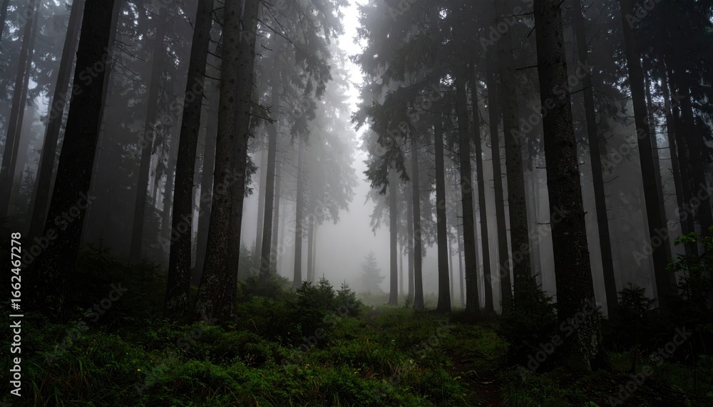 Fototapeta premium Misty Forest Landscape with Tall Pine Trees
