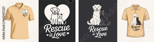 Rescue is Love Illustrated Dog and Cat Designs on Polo Shirt and Backgrounds