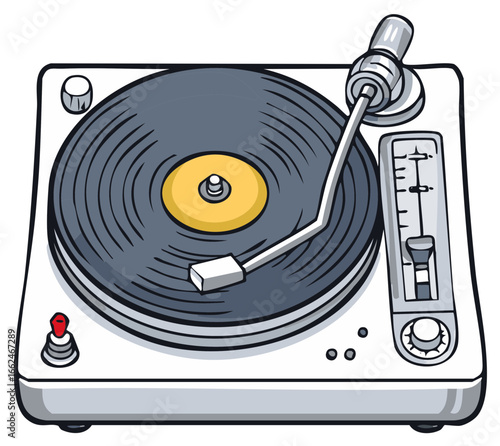 Cartoon illustration of a vintage turntable player with vinyl record