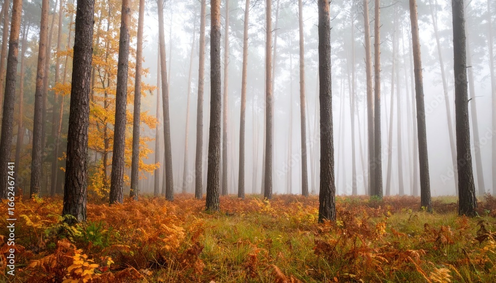 Fototapeta premium Misty Autumn Forest with Tall Pine Trees