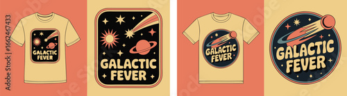 Retro Galactic Fever TShirts Featuring Comet, Planets, and Stars on Orange and Yellow Backgrounds