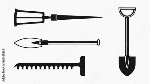 Black garden tools arranged on white background spade