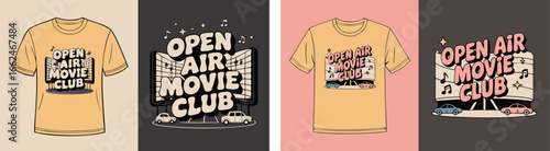 Retro Open Air Movie Club TShirt Designs Featuring Cars and Musical Notes Graphics