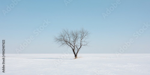 Minimalist winter landscape featuring a single bare tree with thin black branches in a vast white snowfield, 80% pale blue sky, off-center composition, high contrast, clean scene