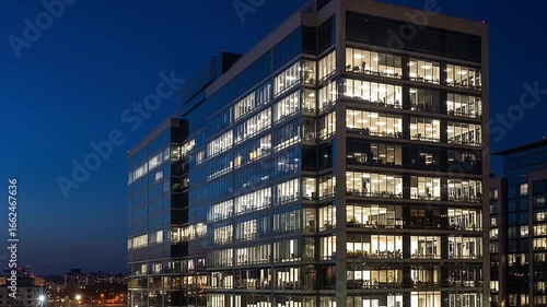 A time-lapse shot from outside a modern office building shows the interior lights turning off floor by floor, until a single window remains lit.