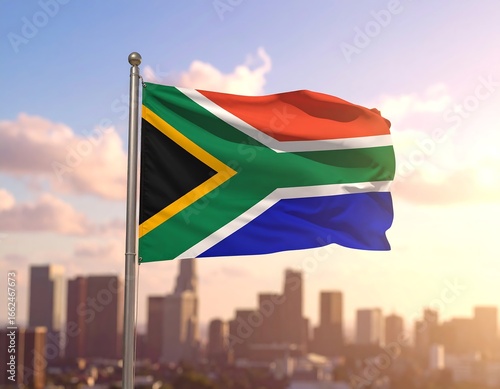 South African flag waving over city skyline at sunrise