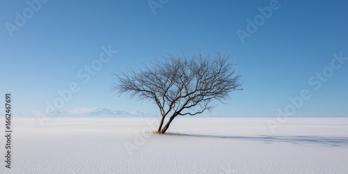 Minimalist winter landscape featuring a single bare tree with thin black branches in a vast white snowfield, 80% pale blue sky, off-center composition, high contrast, clean scene