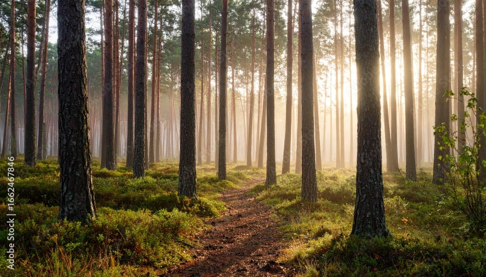 Naklejka premium Serene Forest Path at Sunrise