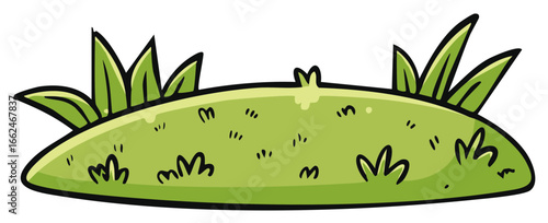 Cartoon Green Grass Hill with Small Grass Blades and Plants Illustration