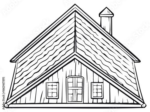 Outlined facade of wood house, simple front, roof, windows, chimney