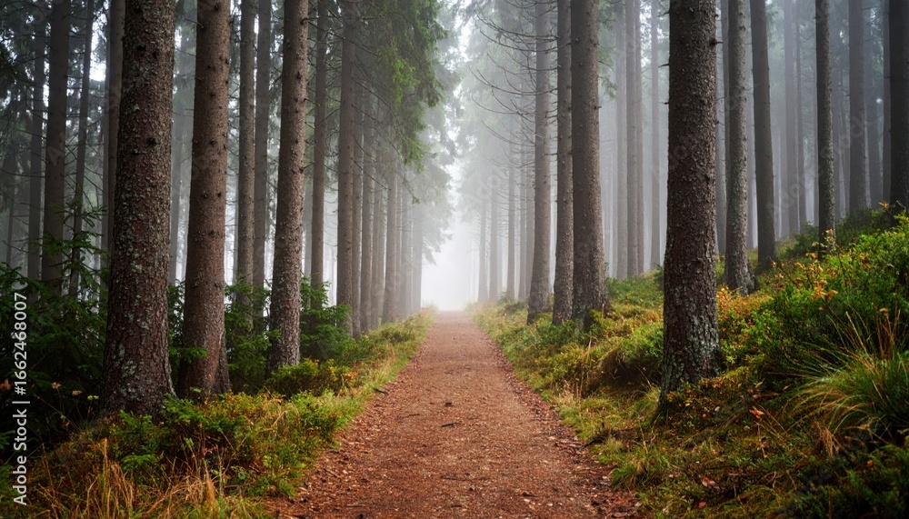 Fototapeta premium Misty Forest Pathway in Tranquil Woodland