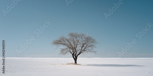 Minimalist winter landscape featuring a single bare tree with thin black branches in a vast white snowfield, 80% pale blue sky, off-center composition, high contrast, clean scene