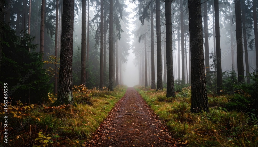 Fototapeta premium Misty Forest Pathway in Autumn