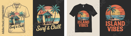 Tropical Beach Apparel Designs Featuring Surf Shack and Island Vibes Illustrations for Summer Wear