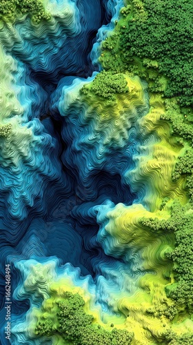 Abstract topographic landscape; vibrant blues and greens depict elevation changes