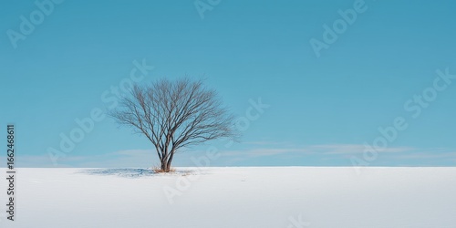 Minimalist winter landscape featuring a single bare tree with thin black branches in a vast white snowfield, 80% pale blue sky, off-center composition, high contrast, clean scene