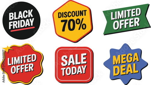 Black Friday Sale, Limited Offers, Mega Deal, and Discount Stickers, Various Colors