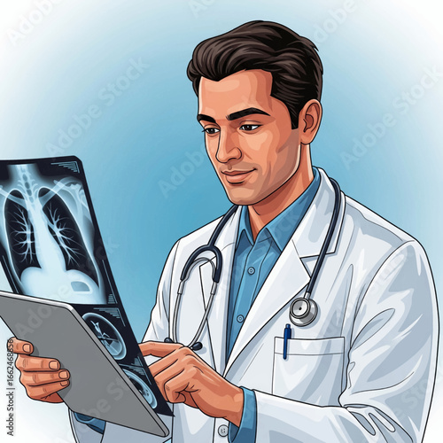 A doctor in a white coat and stethoscope examines a chest x-ray and brain scan on a tablet, with a light blue background.