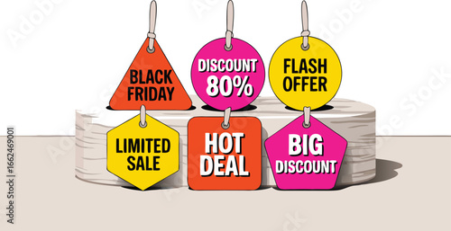 Cartoon Featuring Six Colorful Discount Tags Black Friday, 80% Off, Flash Offer